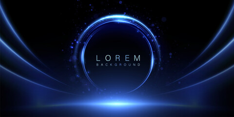 Abstract bright background with neon blue glowing circle and light effects on dark scene.