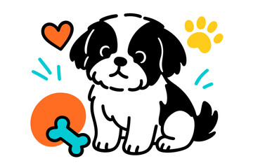 Cute cartoon dog sitting with a playful expression and colorful icons like a bone and heart