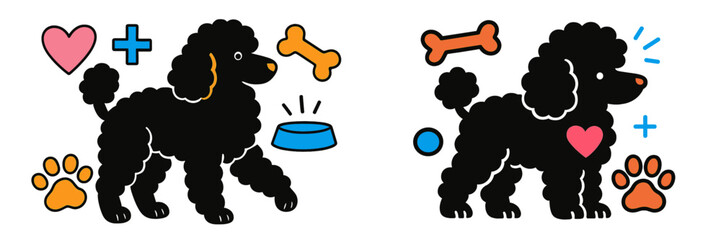 Playful black poodle surrounded by colorful dog-themed elements in a cheerful illustration