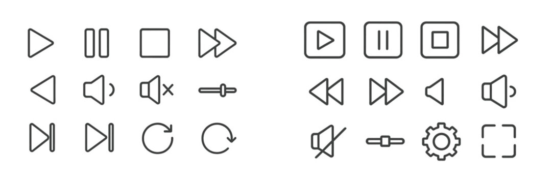Collection of multimedia control icons displayed in a clean linear style for user interface design