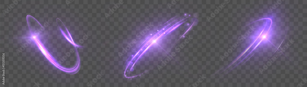 Aufkleber A set of swirling light trails with glowing sparks on a transparent background. Vibrant purple arcs are perfect for motion effects, sci-fi energy loops or magical transitions.