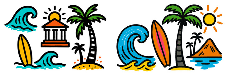 Obraz premium Colorful beach scene with waves, palm trees, surfboards, and sunset in a tropical paradise