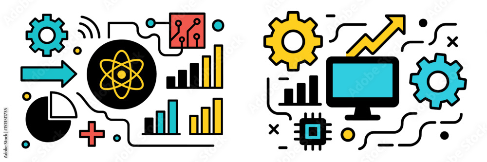 Poster visual representation of data analysis and technology trends showcasing graphs, gears, and circuit e