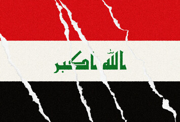 Distressed rendering showcasing the Iraqi flag with prominent tear marks, conveying concepts of fragility, conflict and resilience within national identity.
