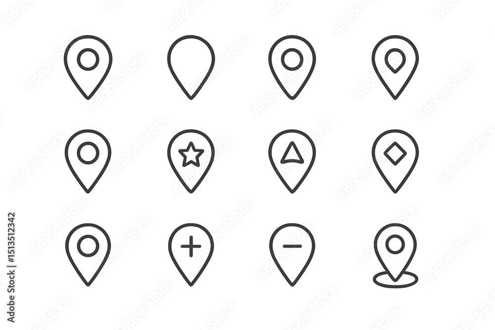 Poster different styles of location markers displayed in a grid format for navigation and mapping purposes