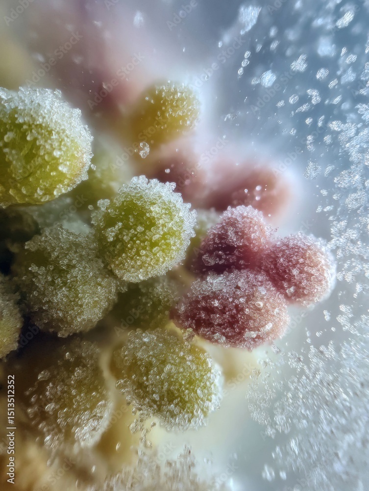 Poster Macro View of Frost Particles Covering Frozen Vegetables in a Pack With Soft Right Margin Detail