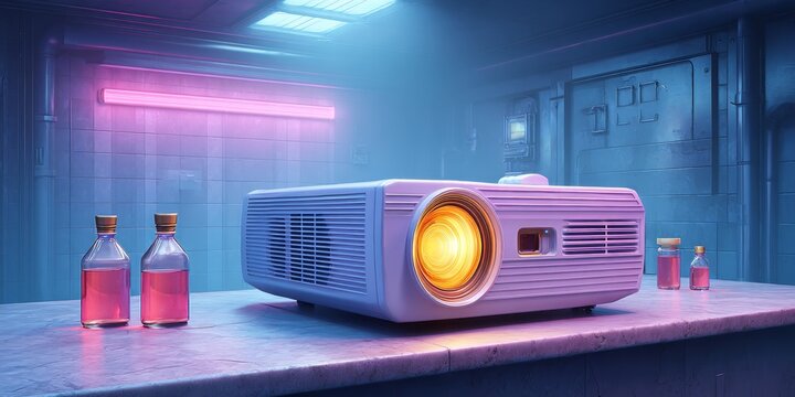 a realistic photo of a projector setup on a table with cables and adapters connected