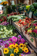 A vibrant market display featuring fresh flowers and crisp vegetables in wooden crates, bursting with color and natural beauty.