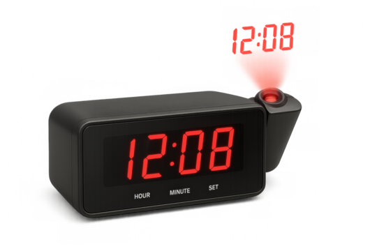 Digital alarm clock projecting time on ceiling with transparent background
