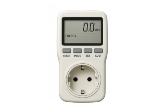 Digital power meter measuring electricity consumption on transparent background