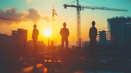 Construction Workers Silhouette at Sunset, Building Project, Teamwork