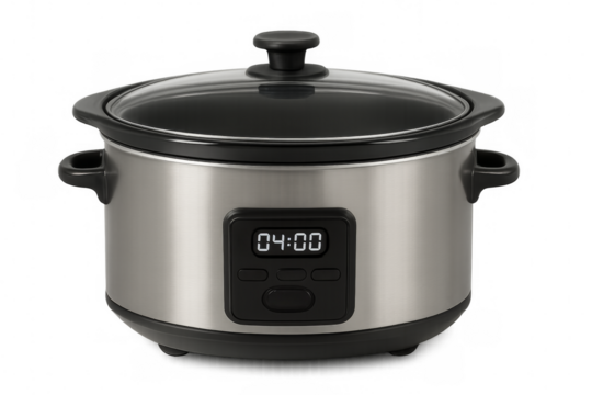 Modern programmable slow cooker showing 4:00 on transparent background