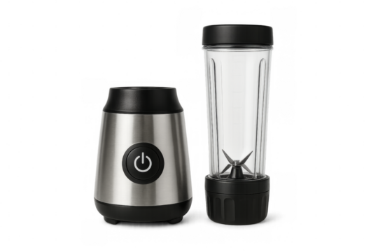 Portable blender preparing a smoothie with transparent background