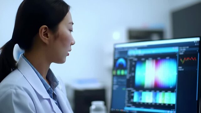 Asian Female Scientist Analyzing Data on Computer in Laboratory Setting                           