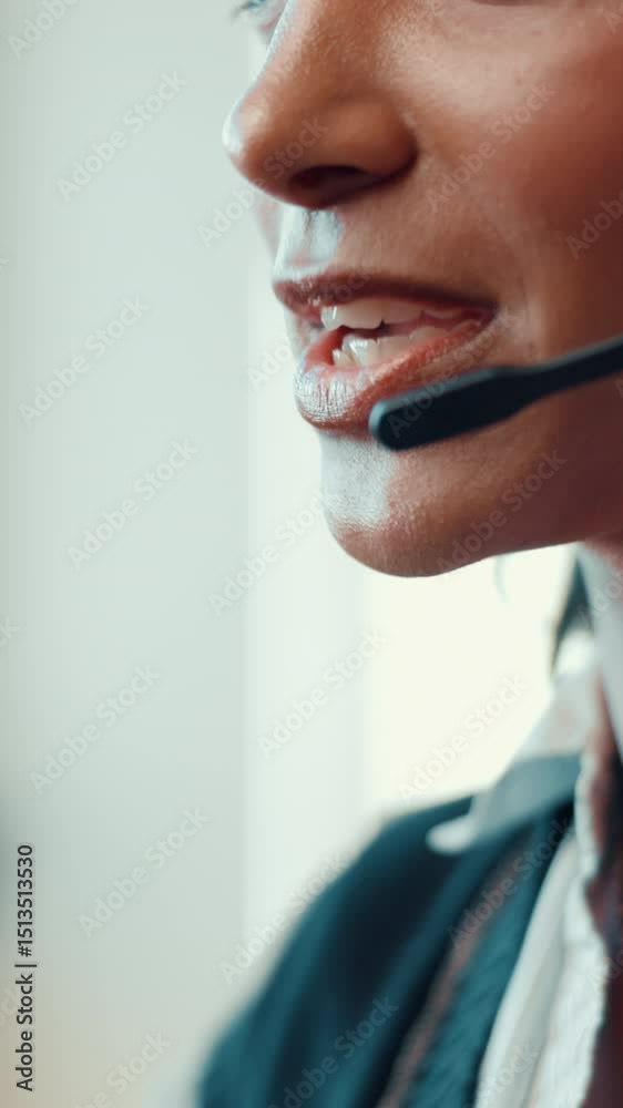 Poster woman, headset or mouth of call center agent in office with online consultation for crm, help desk o