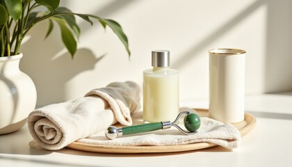 natural flat lay of a morning skincare ritual featuring a facial cleanser bottle, jade roller