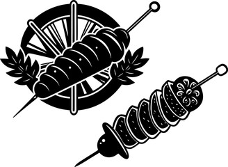 Silhouette of a kebab skewer with meat and vegetables.  Meat Skewer Silhouette. Black and White Icon Design Elements 