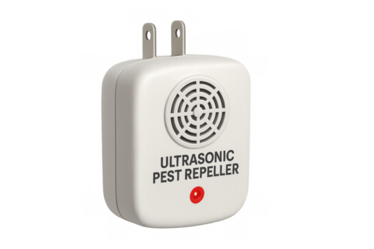 Ultrasonic pest repeller device plugged into wall socket with transparent background