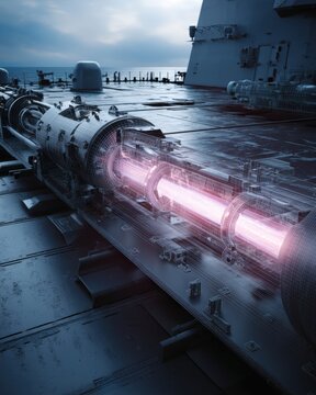 Advanced electromagnetic railgun system mounted on naval platform with visible energy discharge and detailed cutaway of acceleration chambers and power systems for future defense