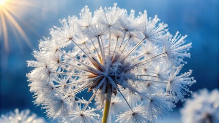 A Frosty Winter's Day Unveils the Delicate Beauty of a Dandelion's Seed Head, Adorned with Sparkling Ice Crystals Under the Bright Sun