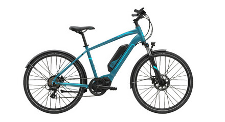 Fototapeta premium An isolated electric bike with teal frame and black components stands out on a black background.