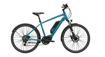 An isolated electric bike with teal frame and black components stands out on a black background.