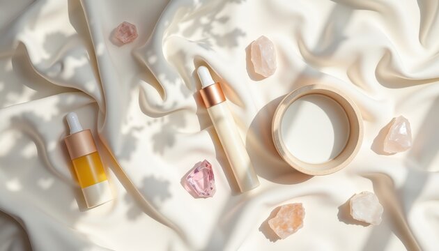 natural flat lay of a wellness inspired setup with essential oil roll ons, facial elixir