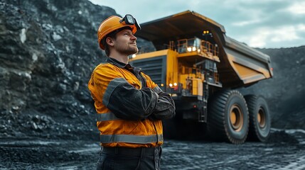Confident Mine Worker Stands Near Large Haul Truck