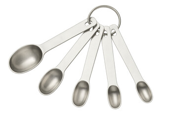 Set of metal measuring spoons hanging on ring with transparent background