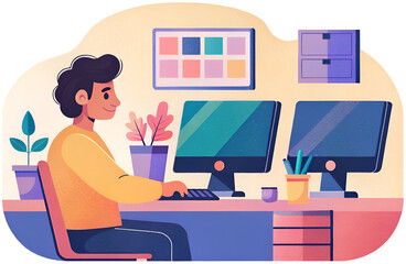 woman, office, computer, vector, business, laptop, cartoon, illustration, work, people, desk, working, room, person, job, internet, businesswoman, shopping, businessman, sitting, table, flat