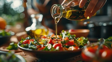 Close shot of woman hand pouring olive oil in salad in a white bowl with space for text or product, Generative AI.