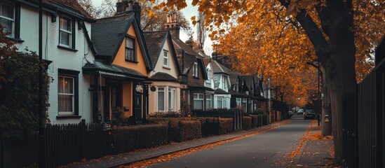 Quaint suburban street bathed in warm autumn light, traditional homes