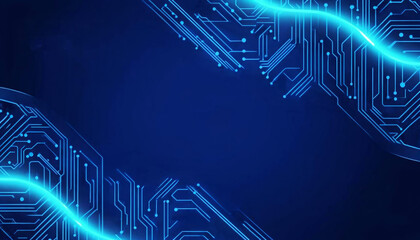 Futuristic digital background with glowing blue circuit lines and neon waves on a dark backdrop. Perfect for technology presentations, internet themes, innovation, or conference invitations