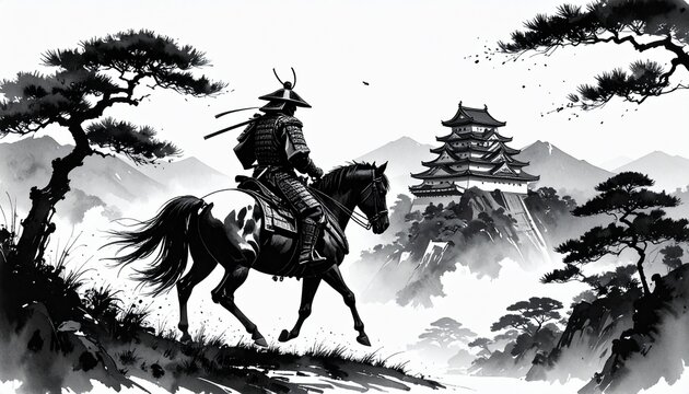 Generated image,岐阜城前で馬に乗る織田信長の墨絵構図