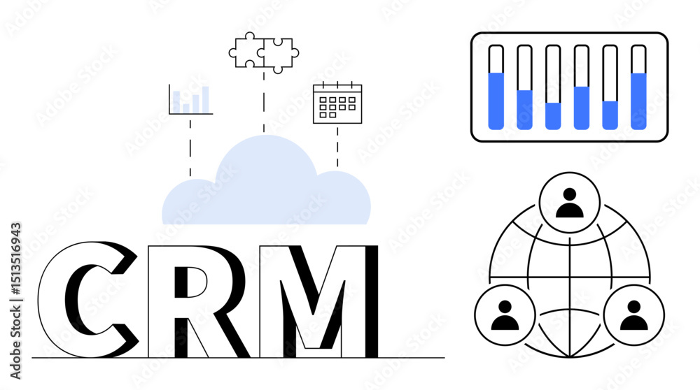Poster cloud with analytics, calendar, and puzzle symbols linked to crm text. grid with user icons and bar 