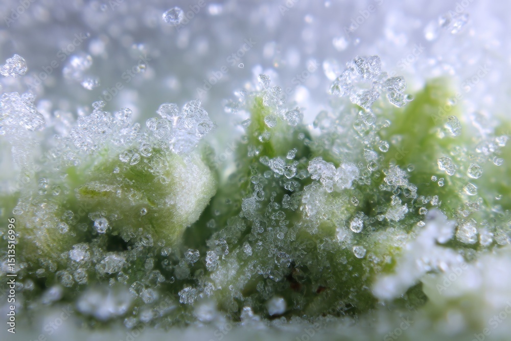 Poster Macro View of Frost Particles on Frozen Vegetables Showcasing Texture and Intricate Details in a Cold Environment