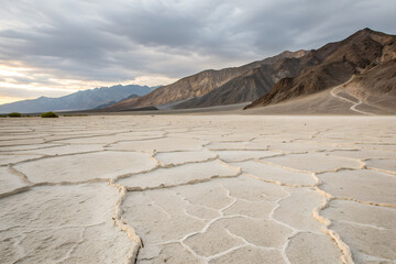 Vast cracked salt flats in a desert basin, possibly Badwater, Death Valley, with rugged mountains under an overcast sky. Arid, remote, natural landscape generative ai