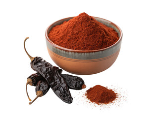 A bowl of Ancho chili powder with dried Poblano chilies isolated on a transparent background png food design 