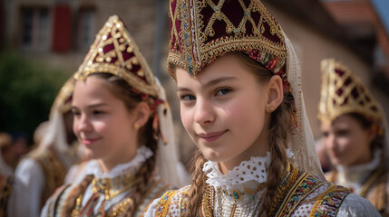 Fototapeta premium Young Girls in Ornate Traditional Costumes at St. Anne’s Festival, A Joyful Celebration of Catholic Faith, Cultural Heritage, and Generational Devotion in a Sacred Religious Procession