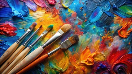 Fototapeta premium Vibrant Artist's Palette with an Array of Paintbrushes Ready for Creative Expression