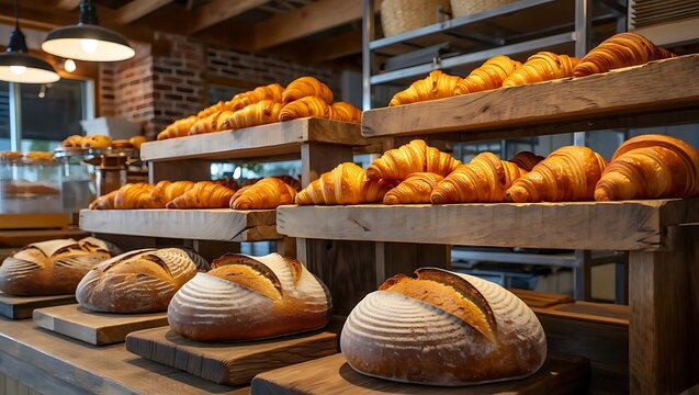 Bakery display with fresh croissants and artisan bread for sale in a bakery shop or cafe setting