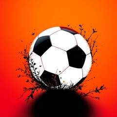 Naklejka premium Artistic soccer ball design with silhouette grass and birds against a vibrant orange and red background Jpg clipping path, social media, Advertisement, HD photo, close up, high quality, web, banner.