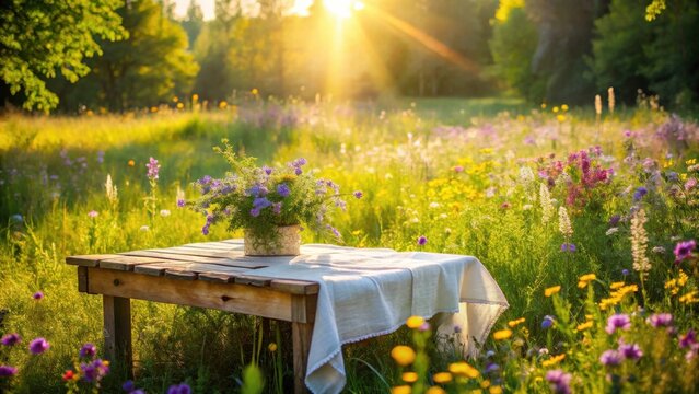 Rustic wooden table set with linen cloth in a vibrant wildflower meadow bathed in golden sunlight