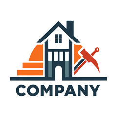 Construction Renovation Logo Design Featuring House and Hammer