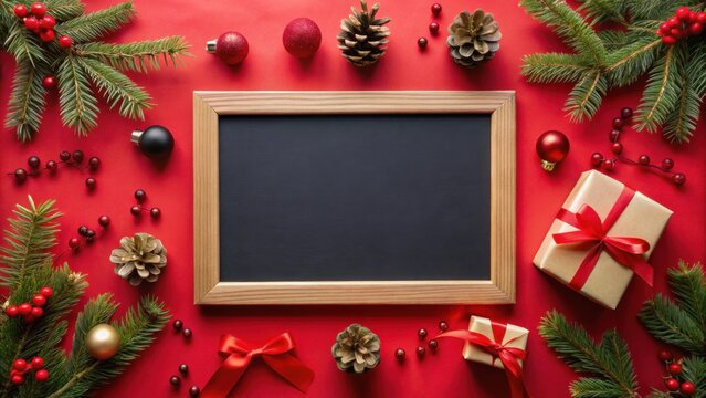 A Festive Holiday Scene Featuring a Blank Blackboard, Ornaments, Pine Cones, and Gifts on a Red Background - Powered by Adobe