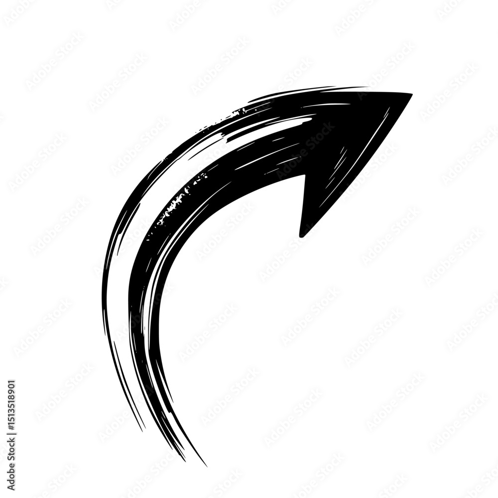 Poster curved black vector icon representing a rightward direction with dynamic brushstroke effect