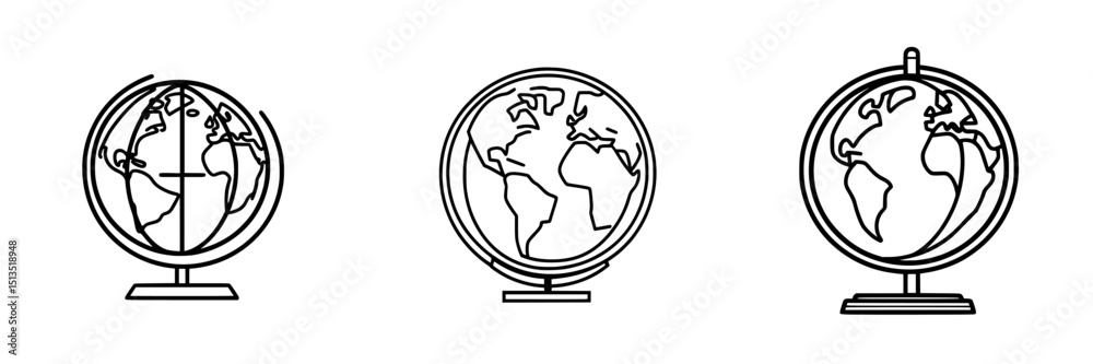 Poster vector icons representing globes showcasing world geography and navigation concepts in a minimalist 