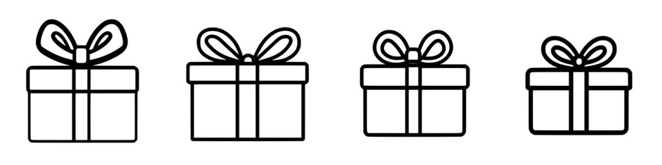 Stylized black vector icons of gift boxes with bows representing various sizes for celebrations and occasions