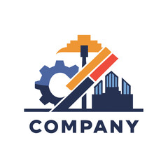 Modern industrial logo featuring a gear and city skyline