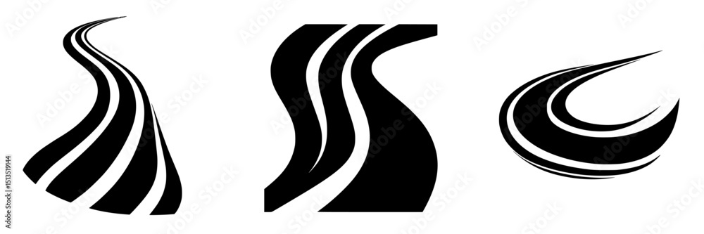 Poster stylized black vector icons depicting abstract curved lines representing dynamic movement and fluidi